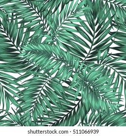 Seamless Tropical Jungle Palm Leaves Pattern. Green Blue Turquoise on White Background. Exotic Camouflage Texture. Vector Design Illustration.