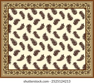 Seamless tropical jungle palm tree leaves pattern with intricate border resembling Islamic design. Ideal for carpets, rugs, wedding decor, interior design, or textile art. Vibrant vector artwork.