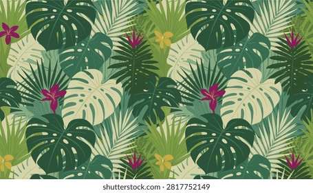 Seamless tropical jungle pattern with big green monstera leaves palm fronds and bright exotic orchid flowers.