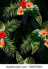 Seamless tropical jungle pattern. Floral background with palm leaves and hibiscus flower.