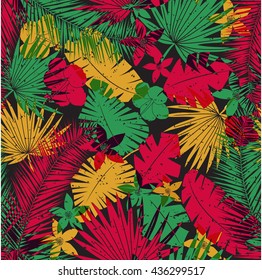 Seamless tropical jungle pattern with leaves, plants and flowers. Retro offset print effect, color overlay, anaglyph. Hibiscus, ferns and tropical foliage.