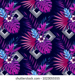 Seamless tropical and jungle pattern with palms, monstera leaves, hibiskus, other tropic flowers and geometry rombs. Vector illustration.