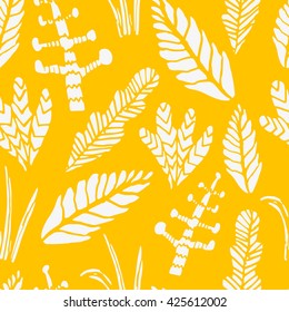 Seamless tropical jungle pattern with  plants and palm fronds. Vector illustration.