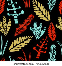Seamless tropical jungle pattern with  plants and palm fronds. Vector illustration.