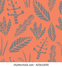 Seamless tropical jungle pattern with  plants and palm fronds. Vector illustration.