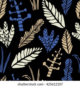 Seamless tropical jungle pattern with plants and palm fronds. Vector illustration.