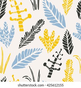 Seamless tropical jungle pattern with plants and palm fronds. Vector illustration.