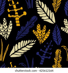 Seamless tropical jungle pattern with plants and palm fronds. Vector illustration.