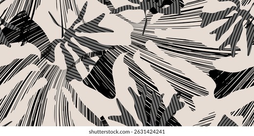 Seamless tropical jungle patterns with abstract palm leaves. Modern minimalism art for wallpaper, wrapping, or surface design. Black accents meet sleek jungle textures.