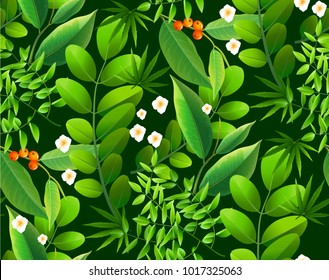 Seamless tropical leaf background for invitation greeting template of Summer. Bright tropical background with jungle plants. Exotic pattern with tropical leaves. Vector illustration.