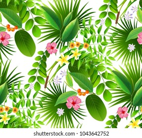Seamless tropical leaf background for invitation greeting template of Summer. Bright tropical background with jungle plants. Exotic pattern with tropical leaves. Vector illustration.