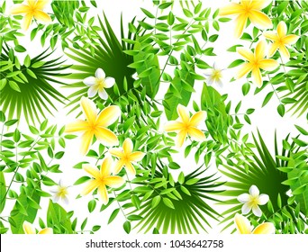 Seamless tropical leaf background for invitation greeting template of Summer. Bright tropical background with jungle plants. Exotic pattern with tropical leaves. Vector illustration.