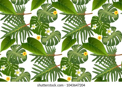Seamless tropical leaf background for invitation greeting template of Summer. Bright tropical background with jungle plants. Exotic pattern with tropical leaves. Vector illustration.
