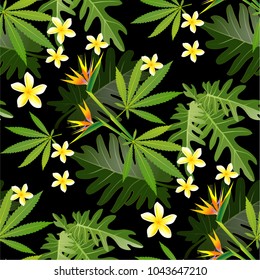 Seamless tropical leaf background for invitation greeting template of Summer. Bright tropical background with jungle plants. Exotic pattern with tropical leaves. Vector illustration.