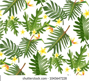Seamless tropical leaf background for invitation greeting template of Summer. Bright tropical background with jungle plants. Exotic pattern with tropical leaves. Vector illustration.