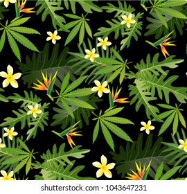 Seamless tropical leaf background for invitation greeting template of Summer. Bright tropical background with jungle plants. Exotic pattern with tropical leaves. Vector illustration.