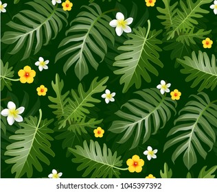 Seamless tropical leaf background for invitation greeting template of Summer. Bright tropical background with jungle plants. Exotic pattern with tropical leaves. Vector illustration.