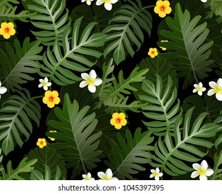 Seamless tropical leaf background for invitation greeting template of Summer. Bright tropical background with jungle plants. Exotic pattern with tropical leaves. Vector illustration.