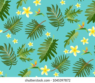 Seamless tropical leaf background for invitation greeting template of Summer. Bright tropical background with jungle plants. Exotic pattern with tropical leaves. Vector illustration.