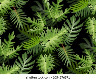 Seamless tropical leaf background for invitation greeting template of Summer. Bright tropical background with jungle plants. Exotic pattern with tropical leaves. Vector illustration.