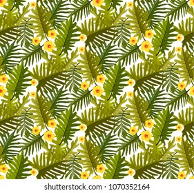 Seamless tropical leaf background for invitation greeting template of Summer. Bright tropical background with jungle plants. Exotic pattern with tropical leaves. Vector illustration.