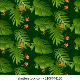 Seamless tropical leaf background for invitation greeting template of Summer. Bright tropical background with jungle plants. Exotic pattern with tropical leaves. Vector illustration.