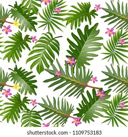 Seamless tropical leaf background for invitation greeting template of Summer. Bright tropical background with jungle plants. Exotic pattern with tropical leaves. Vector illustration.