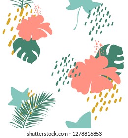 Seamless tropical leaf and flower pattern.