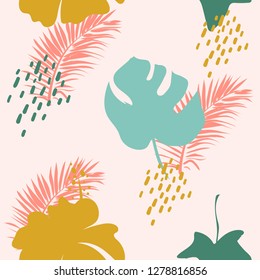Seamless tropical leaf and flower pattern.