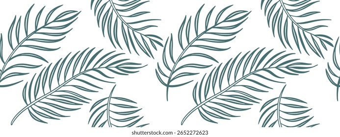 Patrón de hojas tropicales sin fisuras en elegante arte de línea azul con hojas de palma y hojas, ideal para Fondos de pantalla botánicos, textiles de la selva, impresiones de la naturaleza exótica y fondos con estilo.