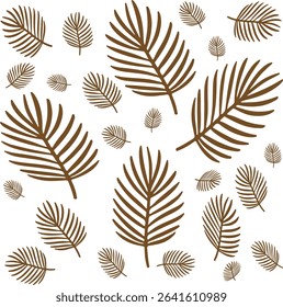 Seamless tropical leaf pattern featuring hand-drawn brown palm leaves on a transparant background. 