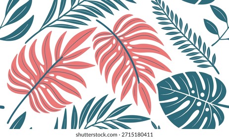Un patrón de hojas tropicales sin fisuras con varias hojas de monstruos y palmeras en colores coral y verde azulado sobre un fondo blanco