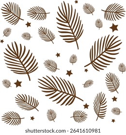 Seamless tropical leaf pattern with hand-drawn brown palm leaves and scattered star shapes on a Transparant background. 