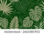 Seamless tropical leaf pattern with monstera and palm foliage in green beige vector.