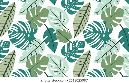 Seamless tropical leaf pattern with monstera and palm foliage in green tones. Modern botanical background for textile, wallpaper, packaging, and surface design.