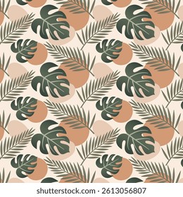 Seamless tropical leaf pattern with monstera and palm foliage in green and brown tones. Modern botanical background for textile, wallpaper, packaging, and surface design.