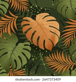 Seamless tropical leaf pattern with monstera, palm, and fern in burnt orange and lush green tones. A moody botanical design ideal for wallpaper, textiles, packaging, and stylish nature-inspired 
