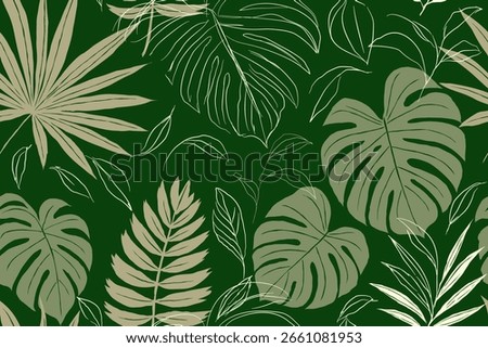 Seamless tropical leaf pattern with monstera and palm foliage in green beige vector.