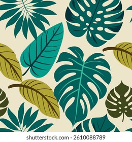 Seamless Tropical Leaf Pattern with Vibrant Colors on Beige Background