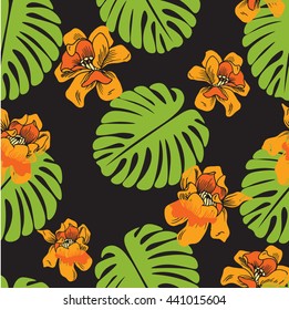Seamless tropical leaves, background, dark rain Wallpaper