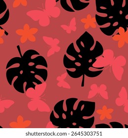 Folhas tropicais e silhuetas borboleta sem costura padrão no fundo vermelho Vetor Design