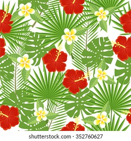 seamless tropical leaves and flowers - palm, monstera, hibiscus and plumeria