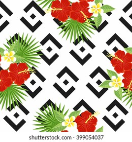 seamless tropical leaves and flowers - palm, monstera, hibiscus and plumeria against the background of geometric black and white pattern