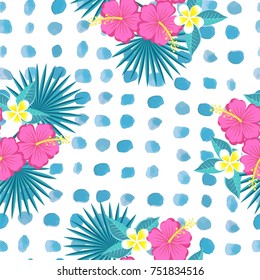 seamless tropical leaves and flowers - palm, monstera, hibiscus and plumeria. vector seamless backgrounds of paint smears.Hand Drawn Abstract Seamless Pattern