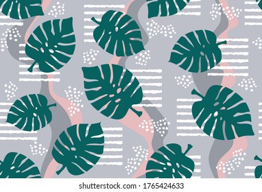 Seamless Tropical Leaves with Geometric Pattern.Vector   design for Fashion Prints and Backgrounds.