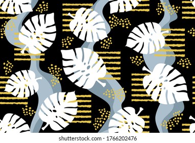 Seamless Tropical Leaves with Geometric Pattern.Vector design for Fashion Prints and Backgrounds.
