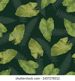 Seamless tropical leaves pattern background. Green botanic vector backdrop. Palm leaf pattern.