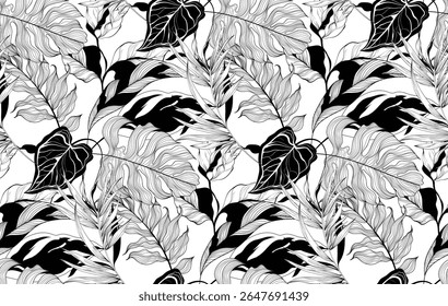 Patrón de hojas tropicales sin fisuras. Diseño de patrón en blanco y negro.