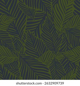 Patrón de hojas tropicales sin costuras en verde oscuro y azul marino