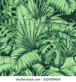 Seamless tropical leaves pattern for fashion textile, black line plant vector illustration.